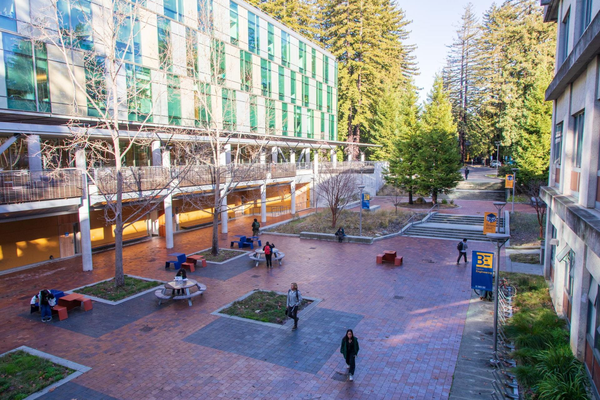 Baskin Engineering Building at UCSC, view of the courtyard with people walking, decorative image.